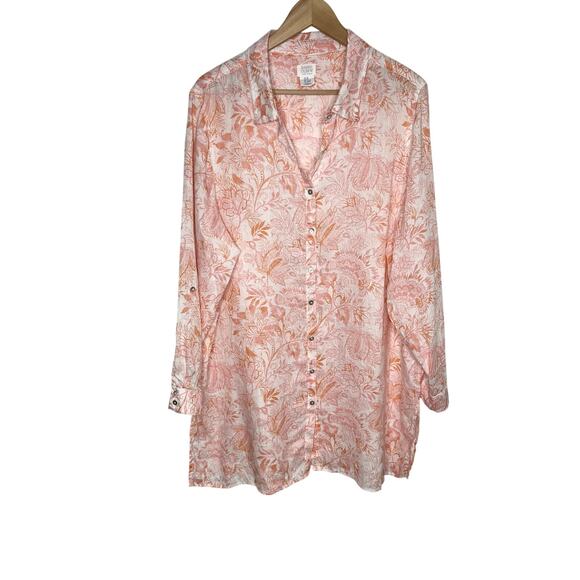 Sigrid Olsen Womens Linen Long Sleeve Shirt Dress 2X Orange Pink Floral Coastal - Picture 1 of 8
